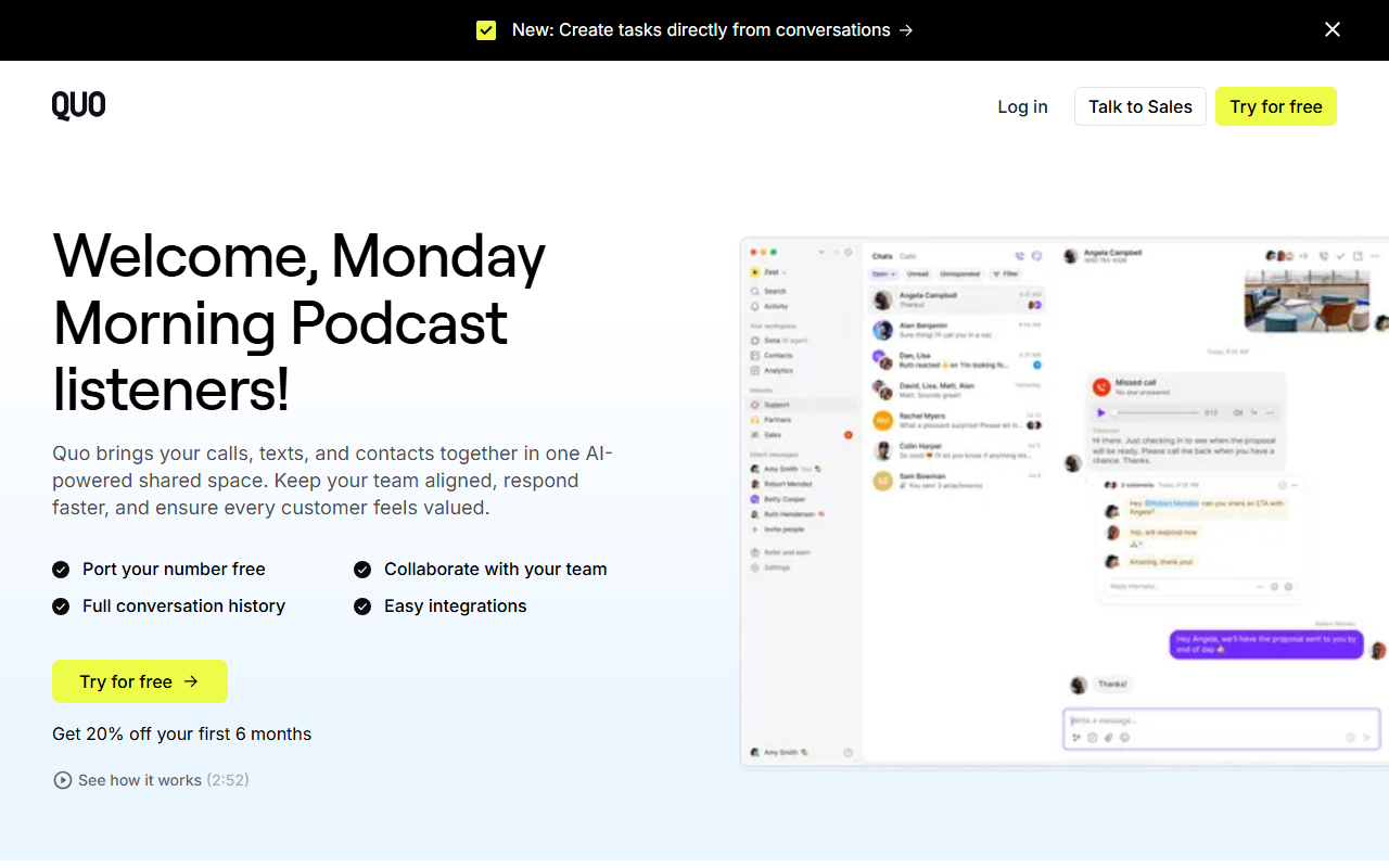 Quo sponsor landing page advertised on Monday Morning Podcast