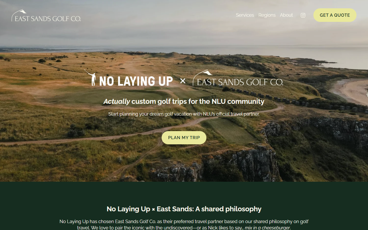 East Sands Golf sponsor landing page advertised on No Laying Up - Golf Podcast