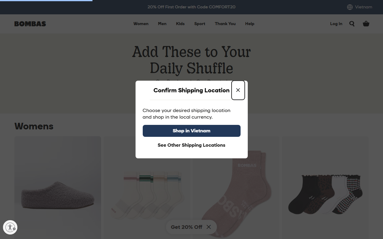 Bombas sponsor landing page advertised on Fore Play