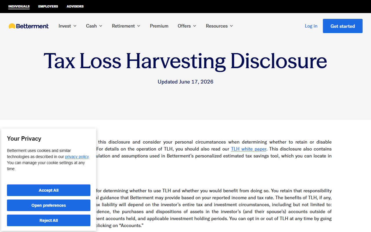 Betterment sponsor landing page advertised on The Daily