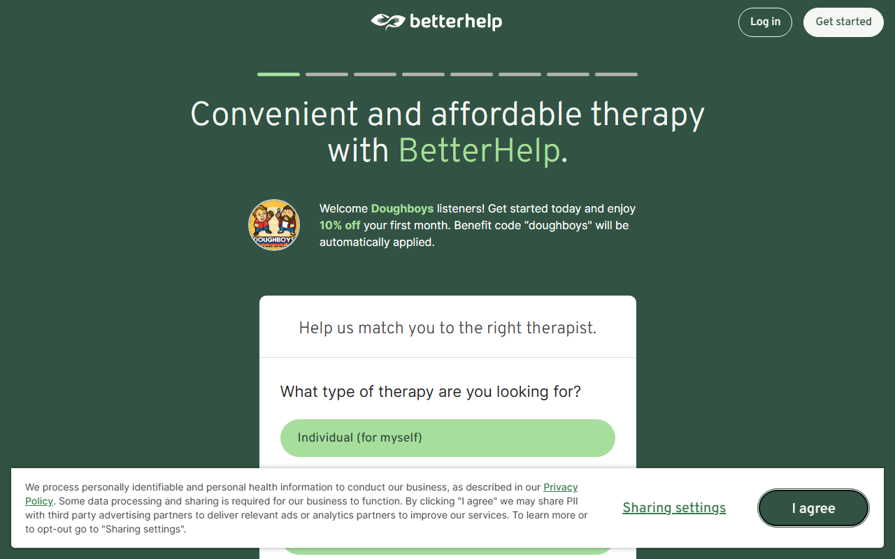 BetterHelp sponsor landing page advertised on Doughboys