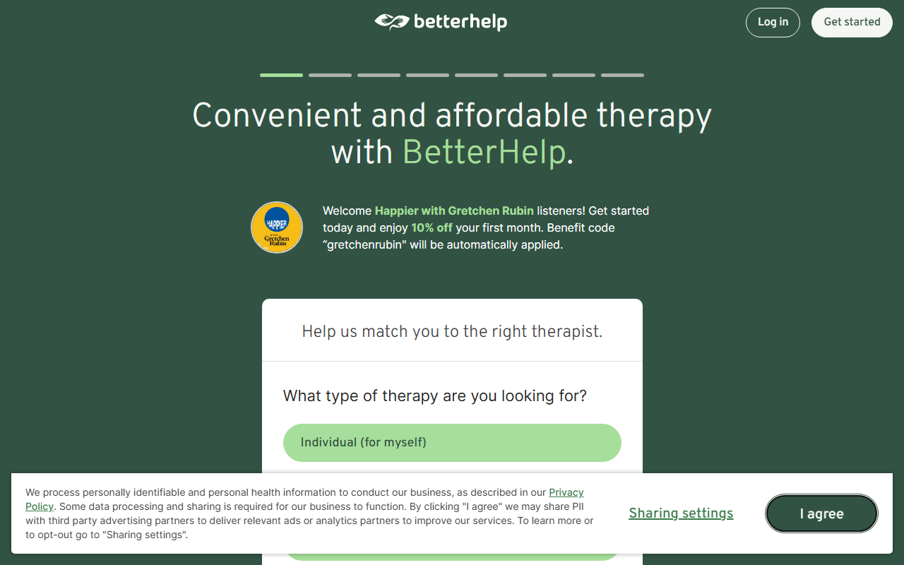 BetterHelp sponsor landing page advertised on Happier with Gretchen Rubin