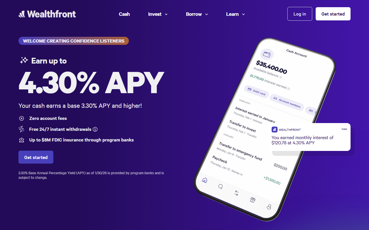 Wealthfront sponsor landing page advertised on Creating Confidence with Heather Monahan