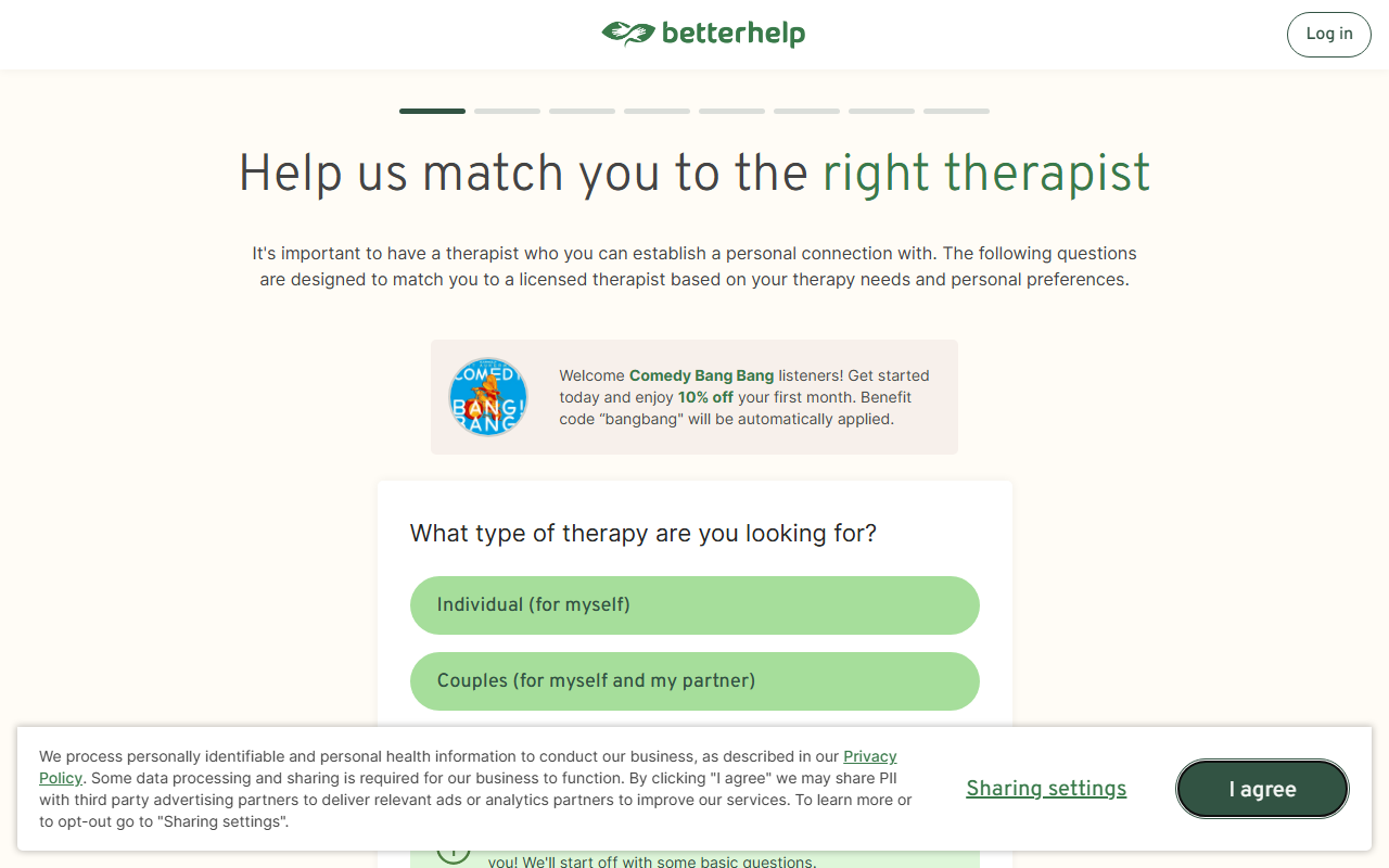 BetterHelp sponsor landing page advertised on Comedy Bang Bang: The Podcast