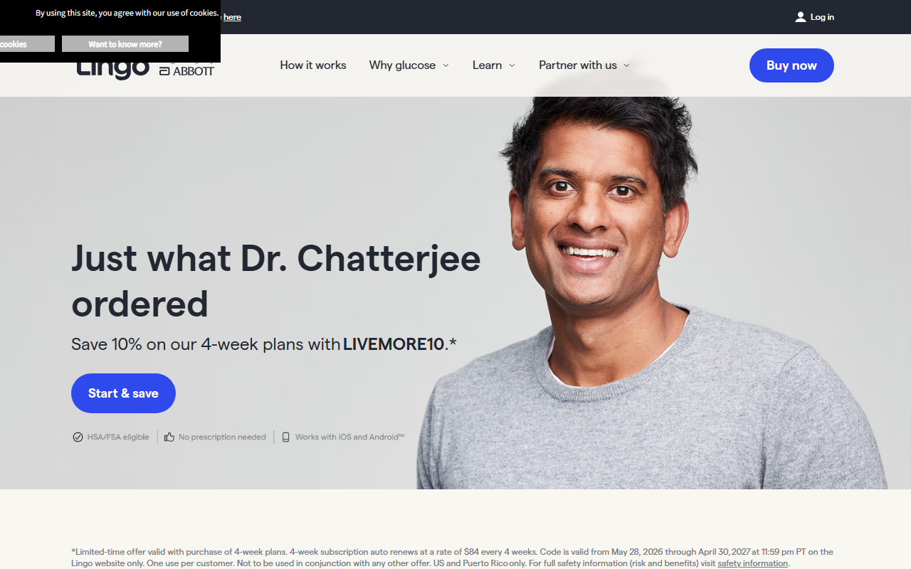 Lingo by Abbott sponsor landing page advertised on Feel Better, Live More with Dr Rangan Chatterjee