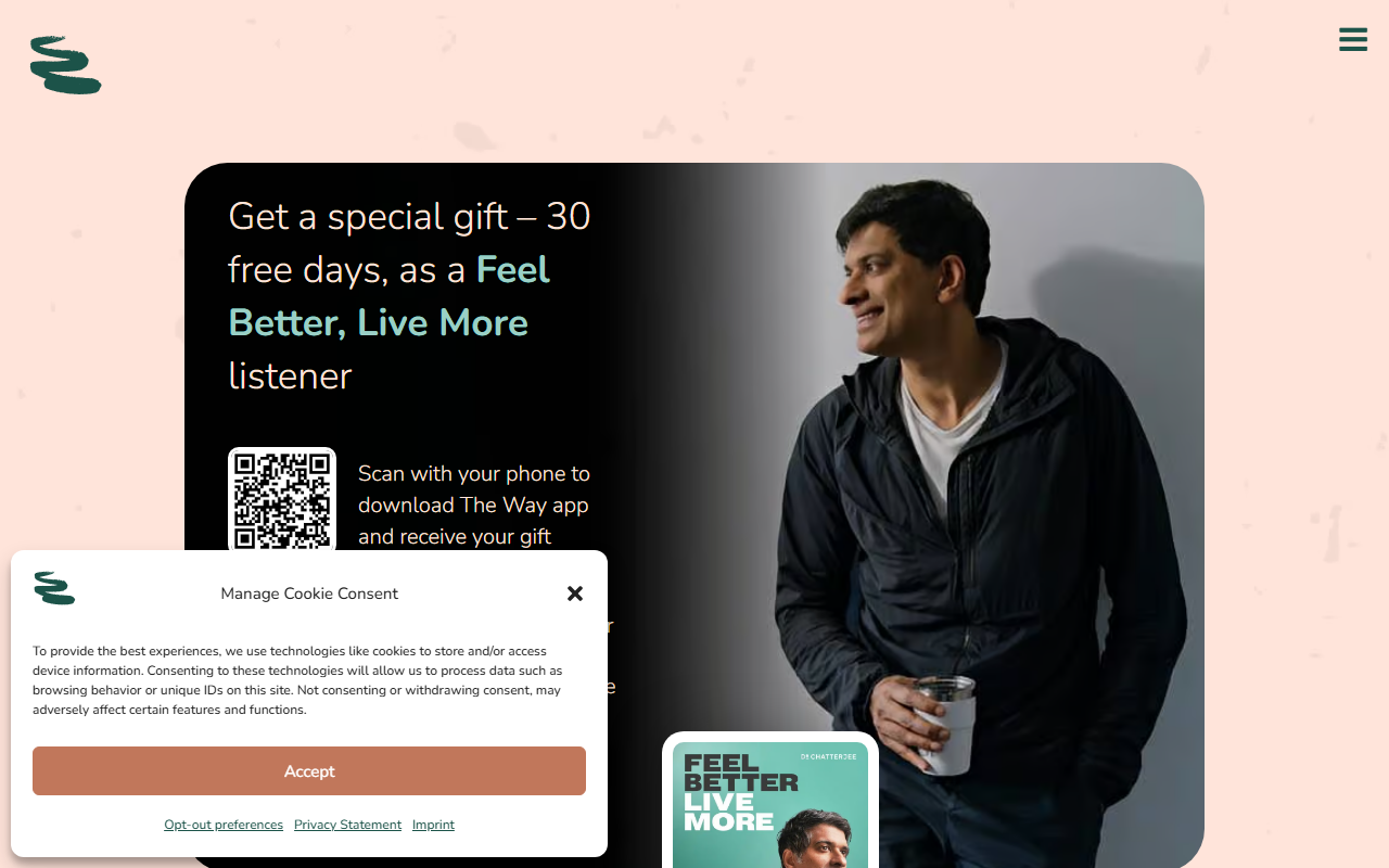 The Way sponsor landing page advertised on Feel Better, Live More with Dr Rangan Chatterjee