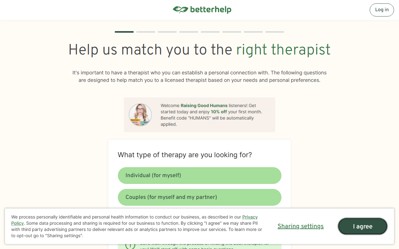 BetterHelp sponsor landing page advertised on How to Be a Better Human