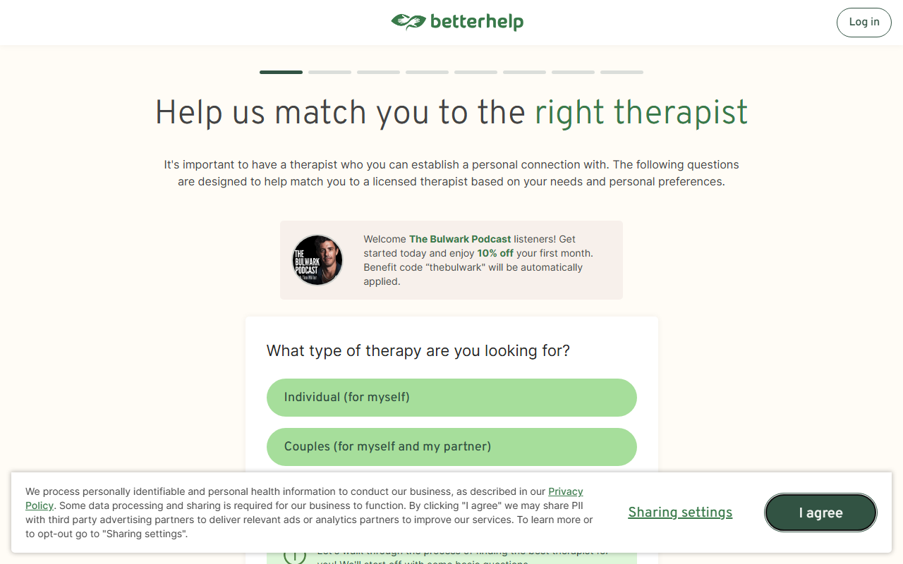 BetterHelp sponsor landing page advertised on The Bulwark Podcast