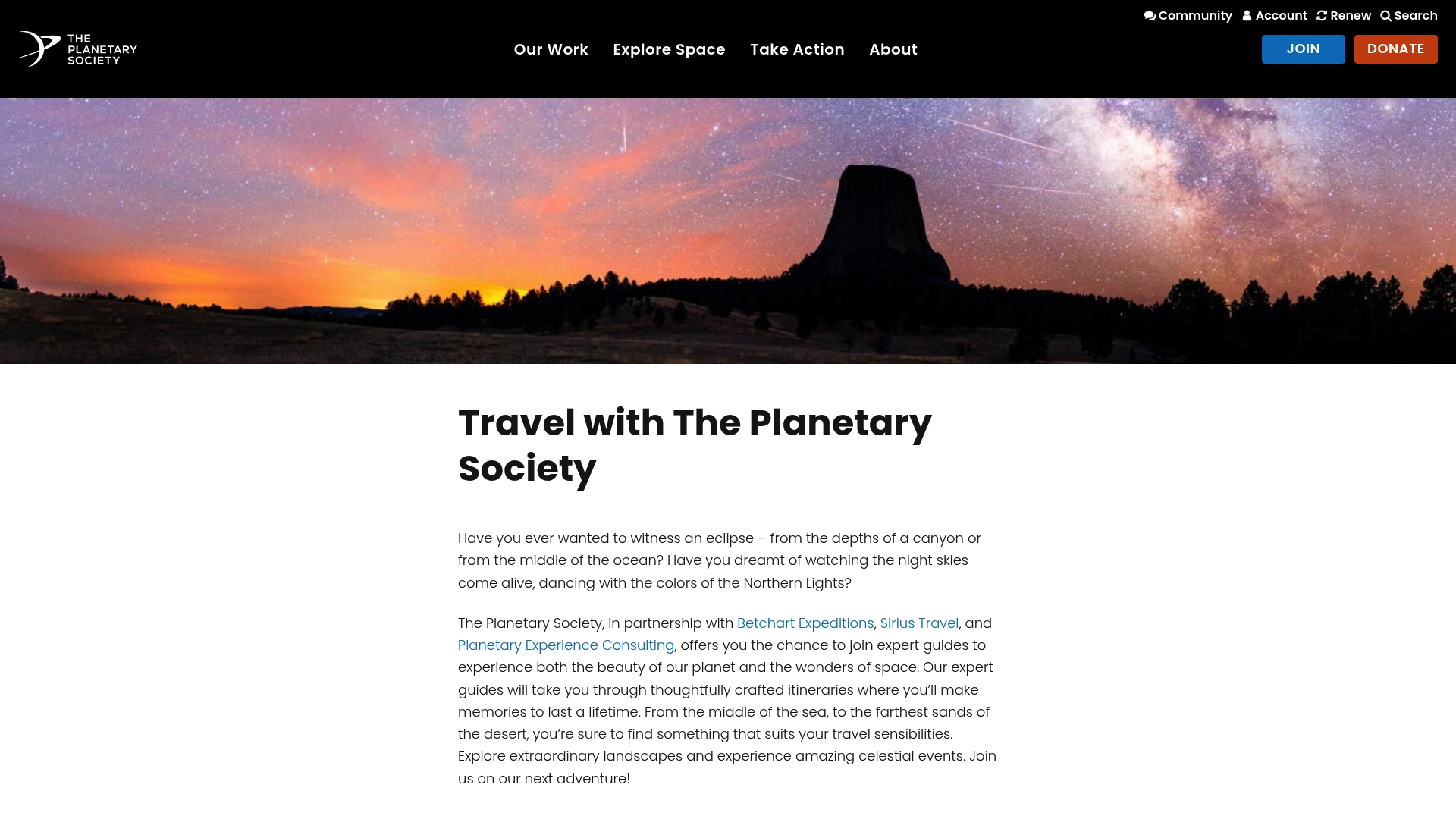 Planetary Experience Consulting sponsor landing page advertised on Planetary Radio: Space Exploration, Astronomy and Science