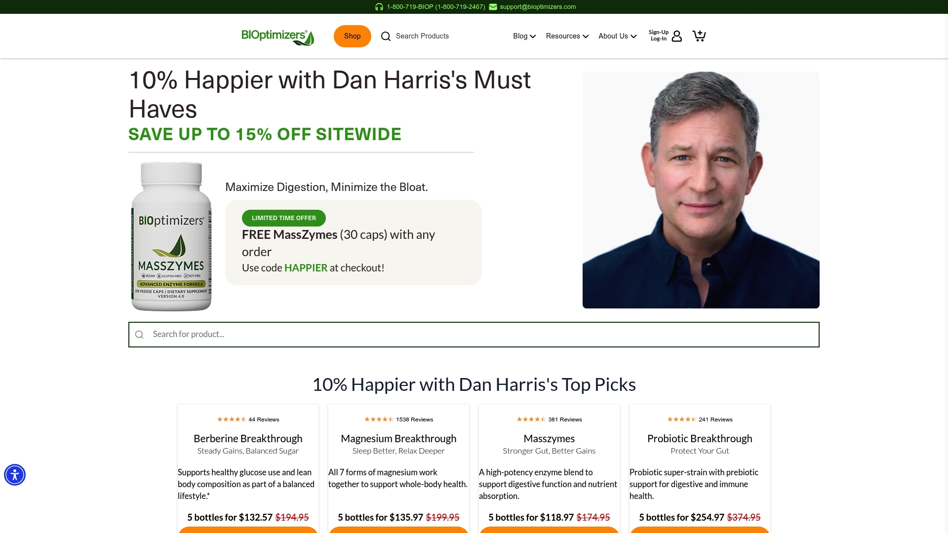 Bioptimizers sponsor landing page advertised on Ten Percent Happier with Dan Harris