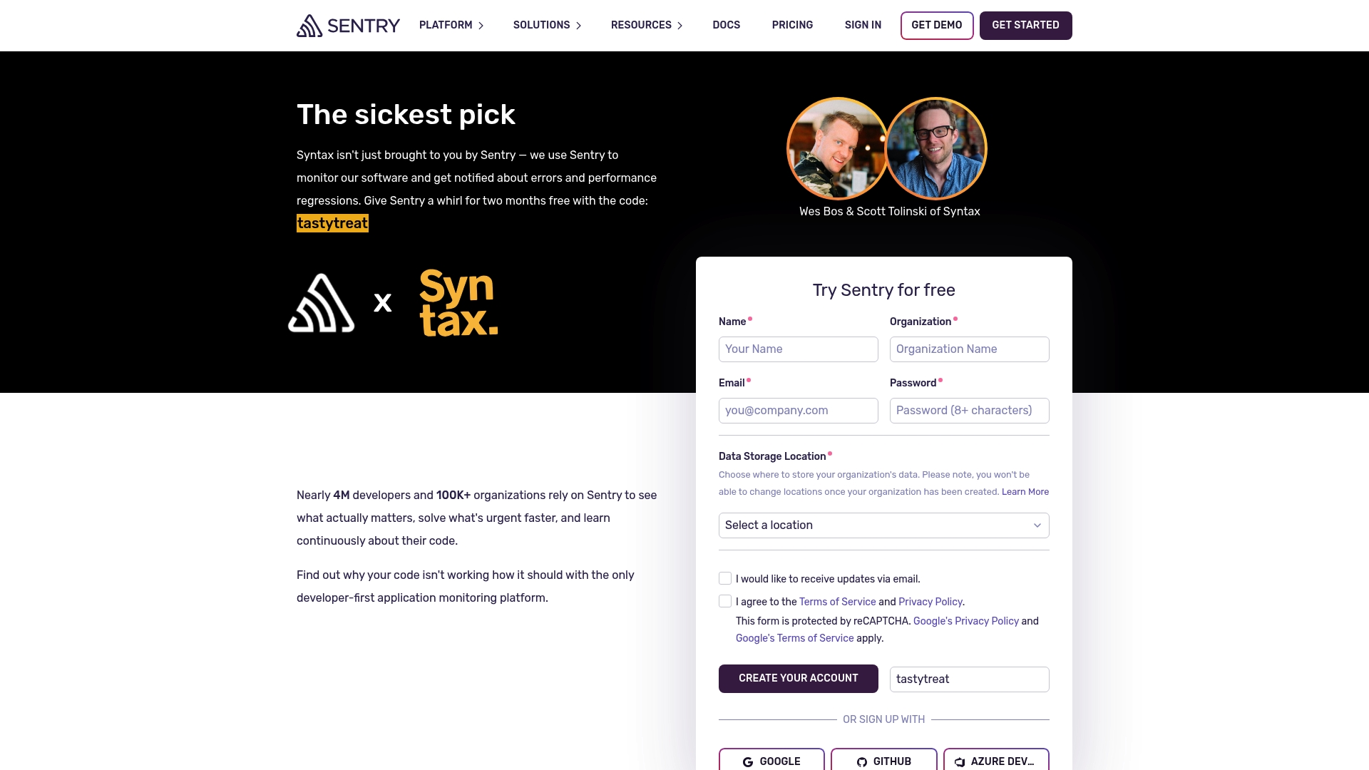 Sentry sponsor landing page advertised on Syntax - Tasty Web Development Treats