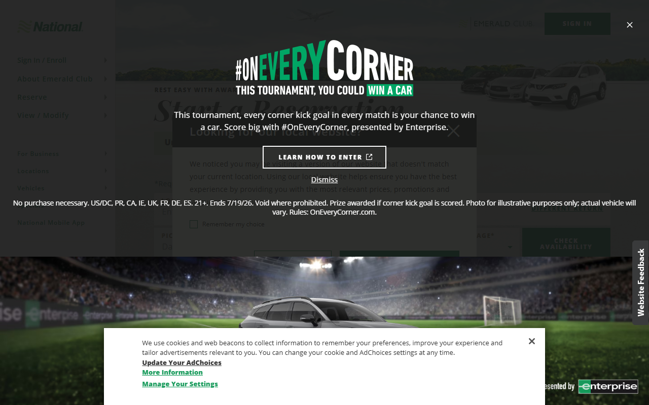 National Car Rental sponsor landing page advertised on Talkin' Baseball (MLB Podcast)