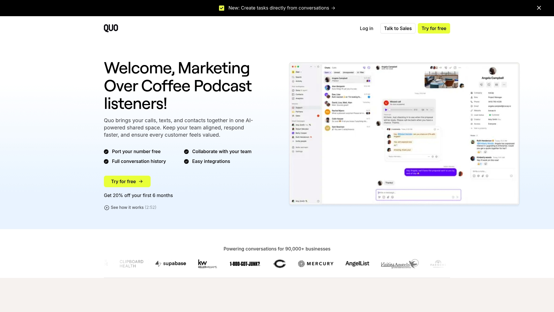 Quo sponsor landing page advertised on Marketing Over Coffee Marketing Podcast