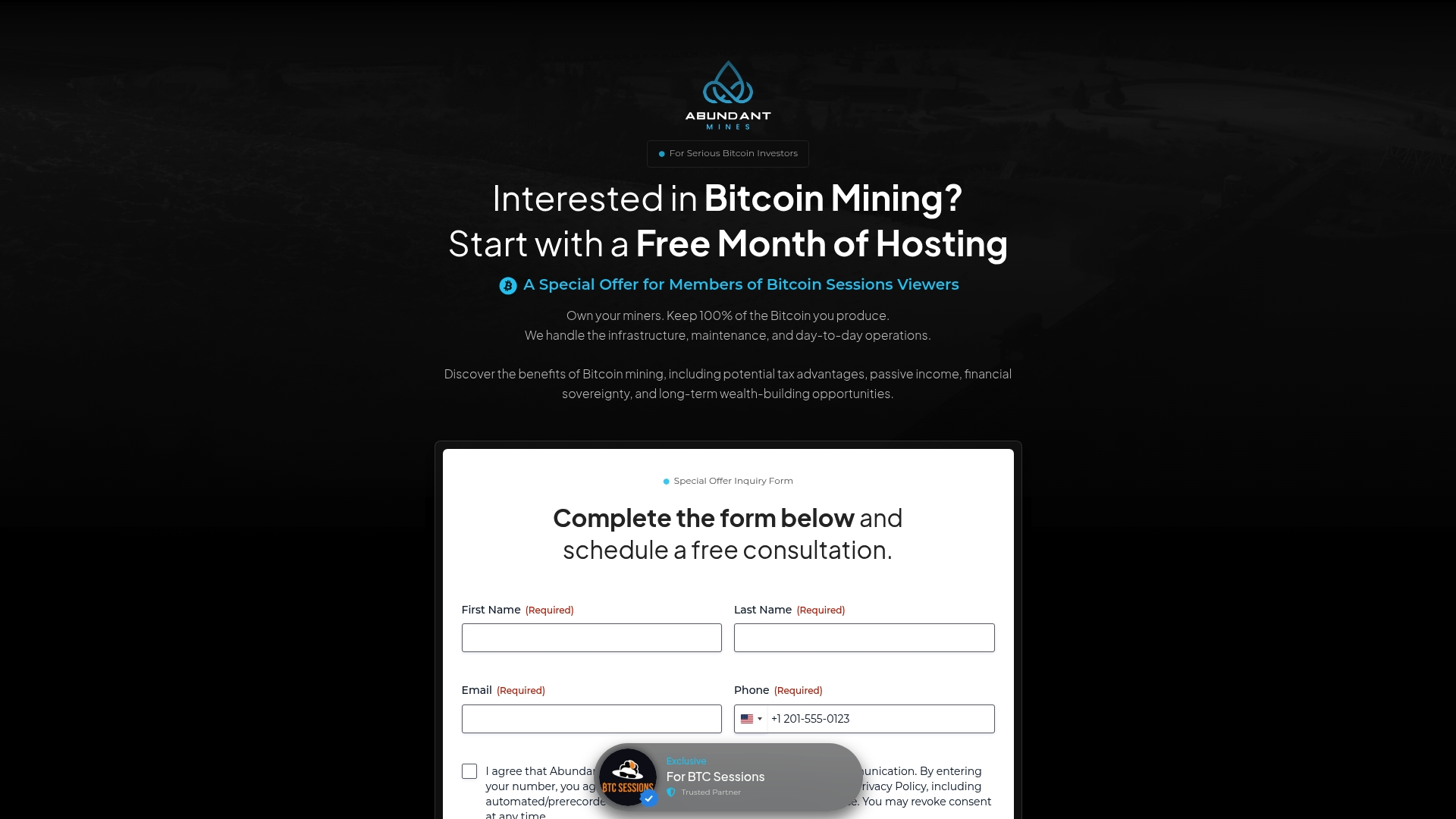 Abundant Mines sponsor landing page advertised on BTC Sessions