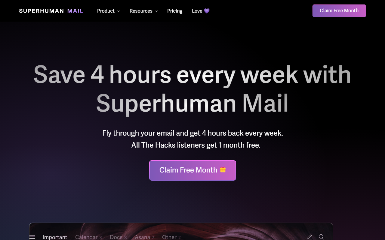 Superhuman Mail sponsor landing page advertised on All the Hacks with Chris Hutchins