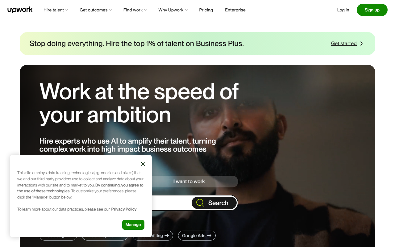 Upwork sponsor landing page advertised on All the Hacks with Chris Hutchins