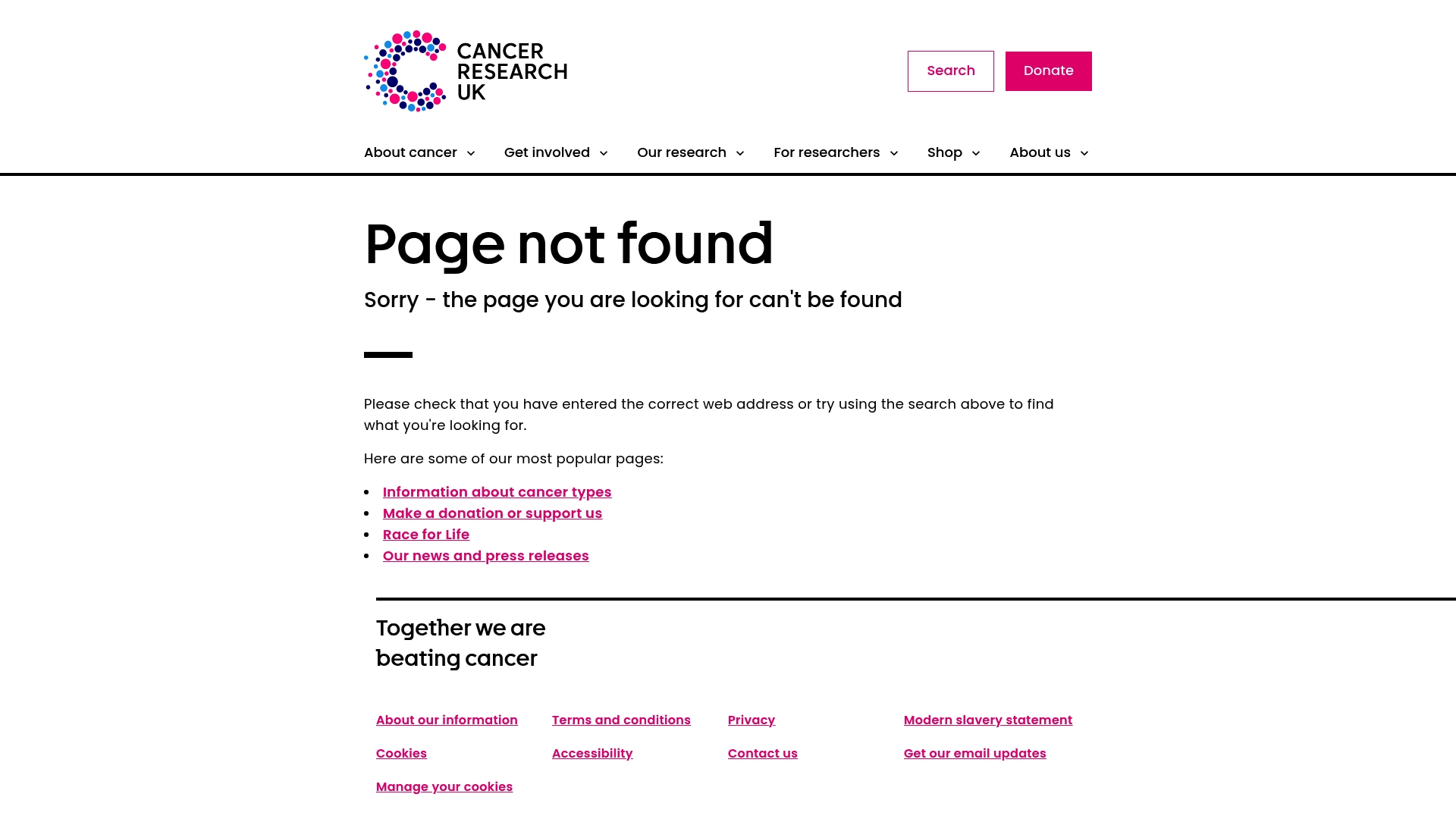 Cancer Research UK sponsor landing page advertised on The Rest Is Science