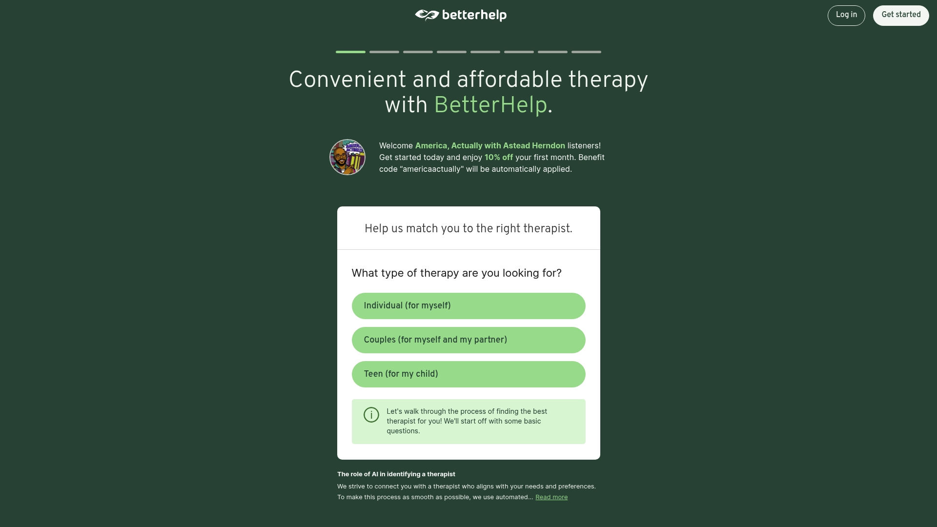 BetterHelp sponsor landing page advertised on Today, Explained