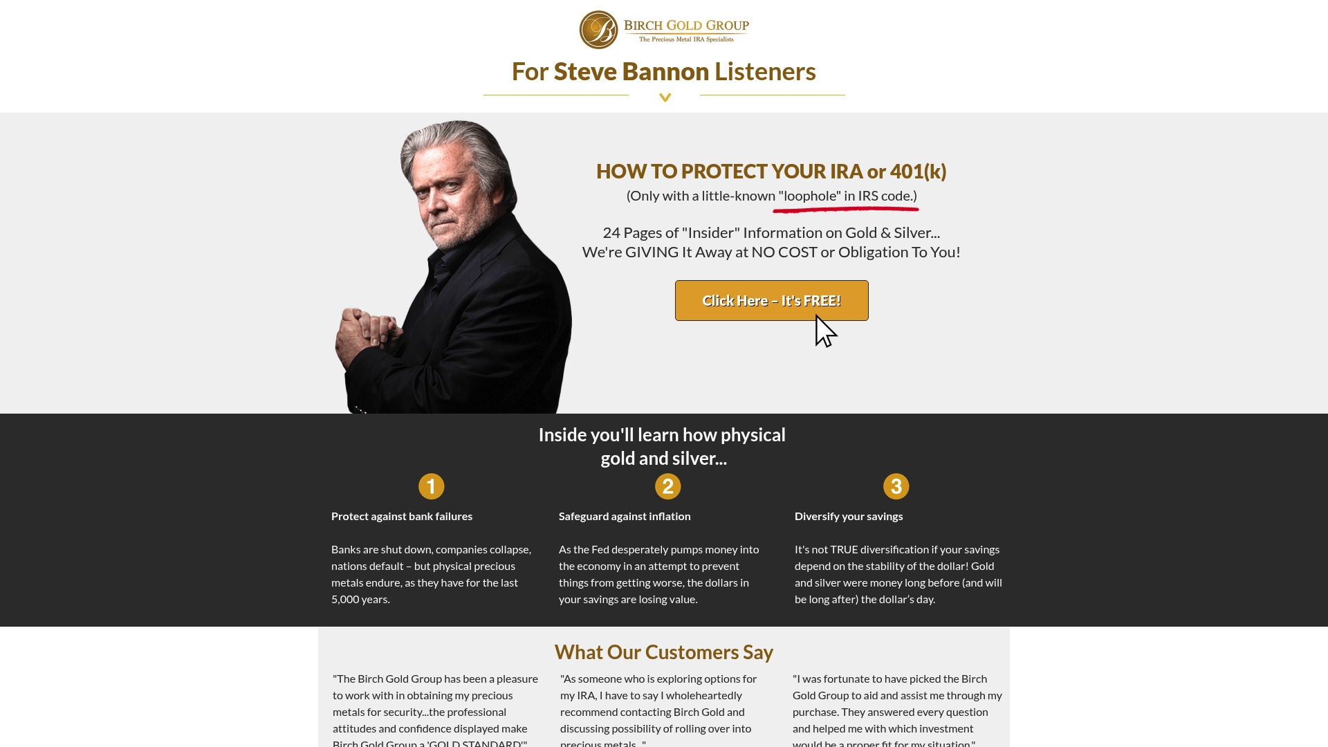 Birch Gold sponsor landing page advertised on Bannon`s War Room