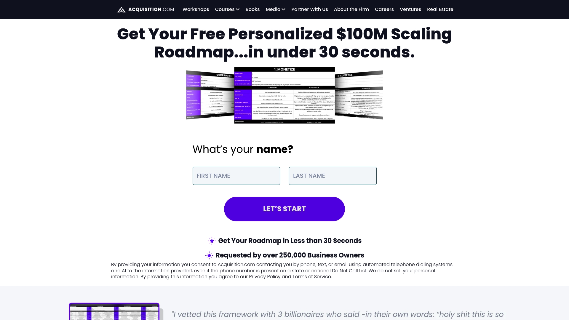 Acquisition.com sponsor landing page advertised on The Game w/ Alex Hormozi
