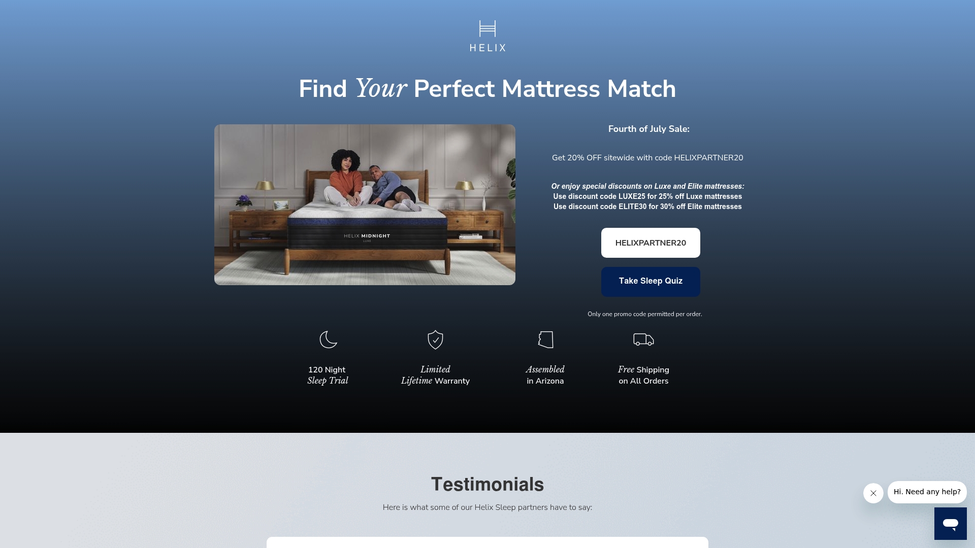 Helix Sleep sponsor landing page advertised on Sleep With Me