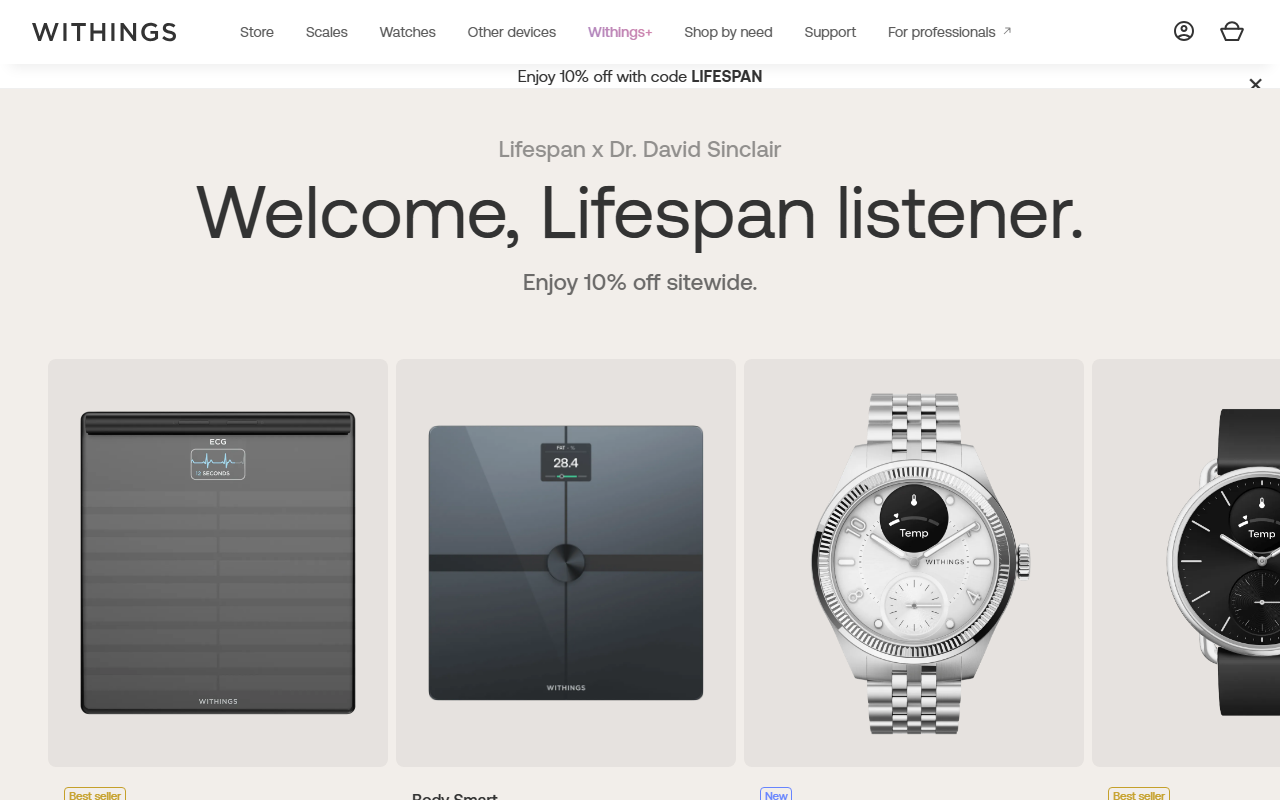 Withings sponsor landing page advertised on Lifespan with Dr. David Sinclair