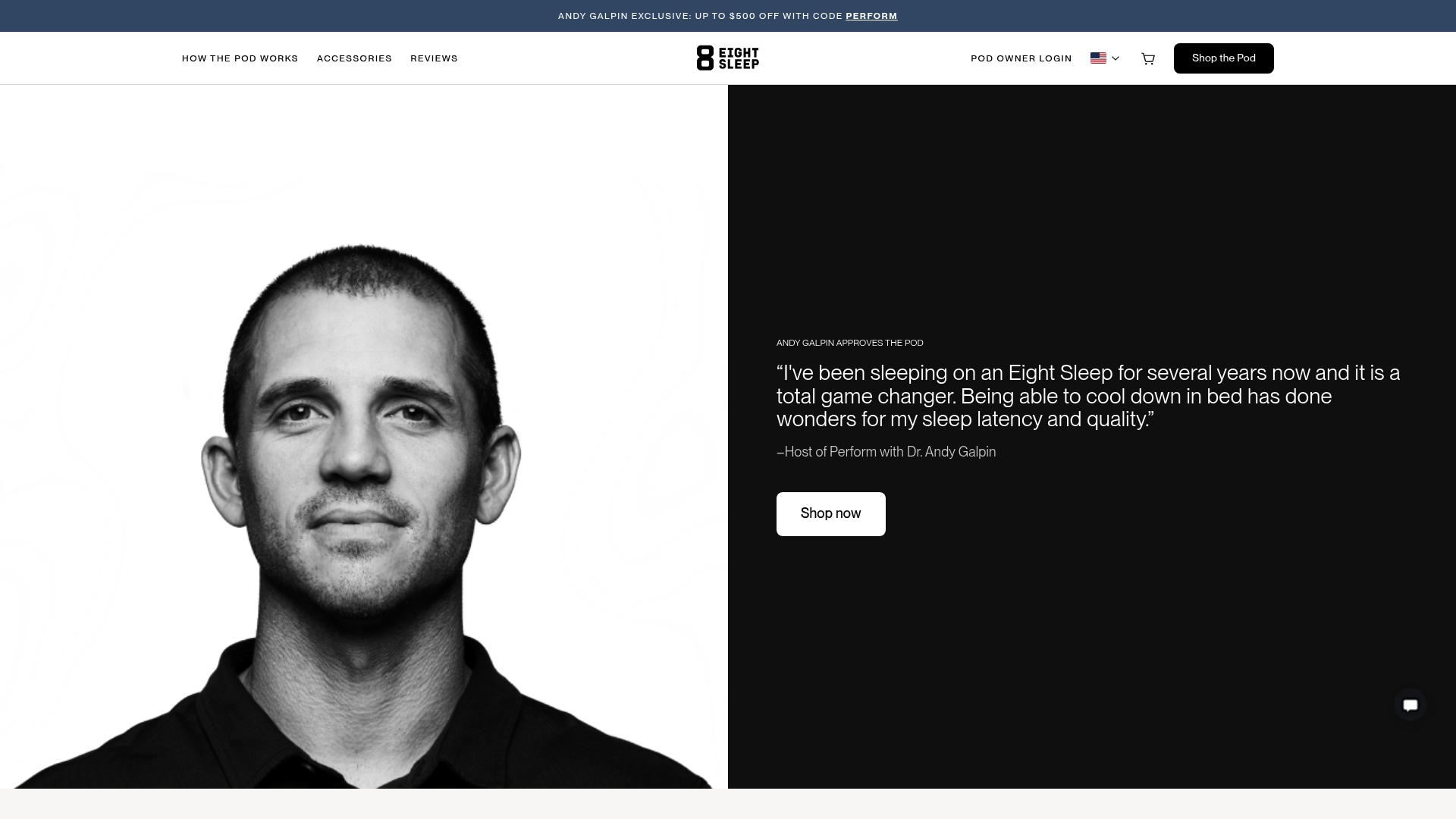 Eight Sleep sponsor landing page advertised on Perform with Dr. Andy Galpin