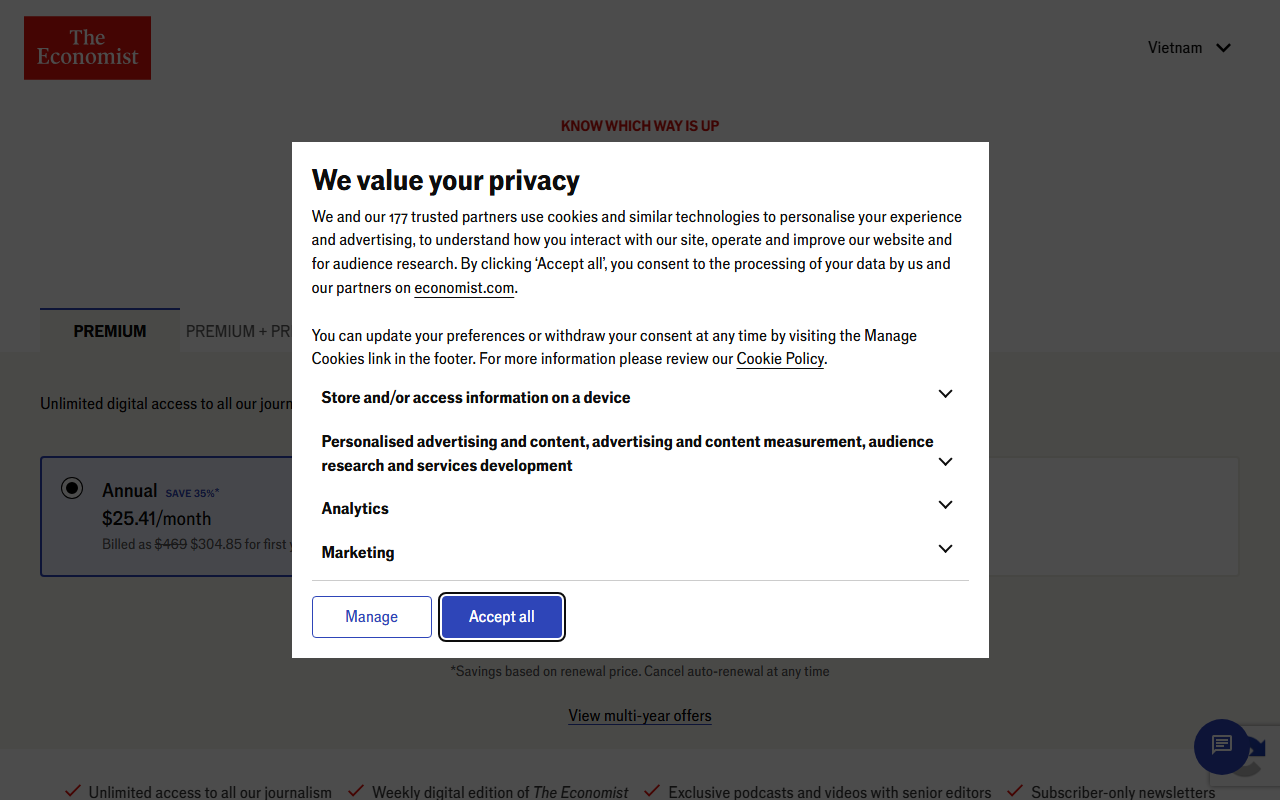 The Economist sponsor landing page advertised on Theories of Everything with Curt Jaimungal