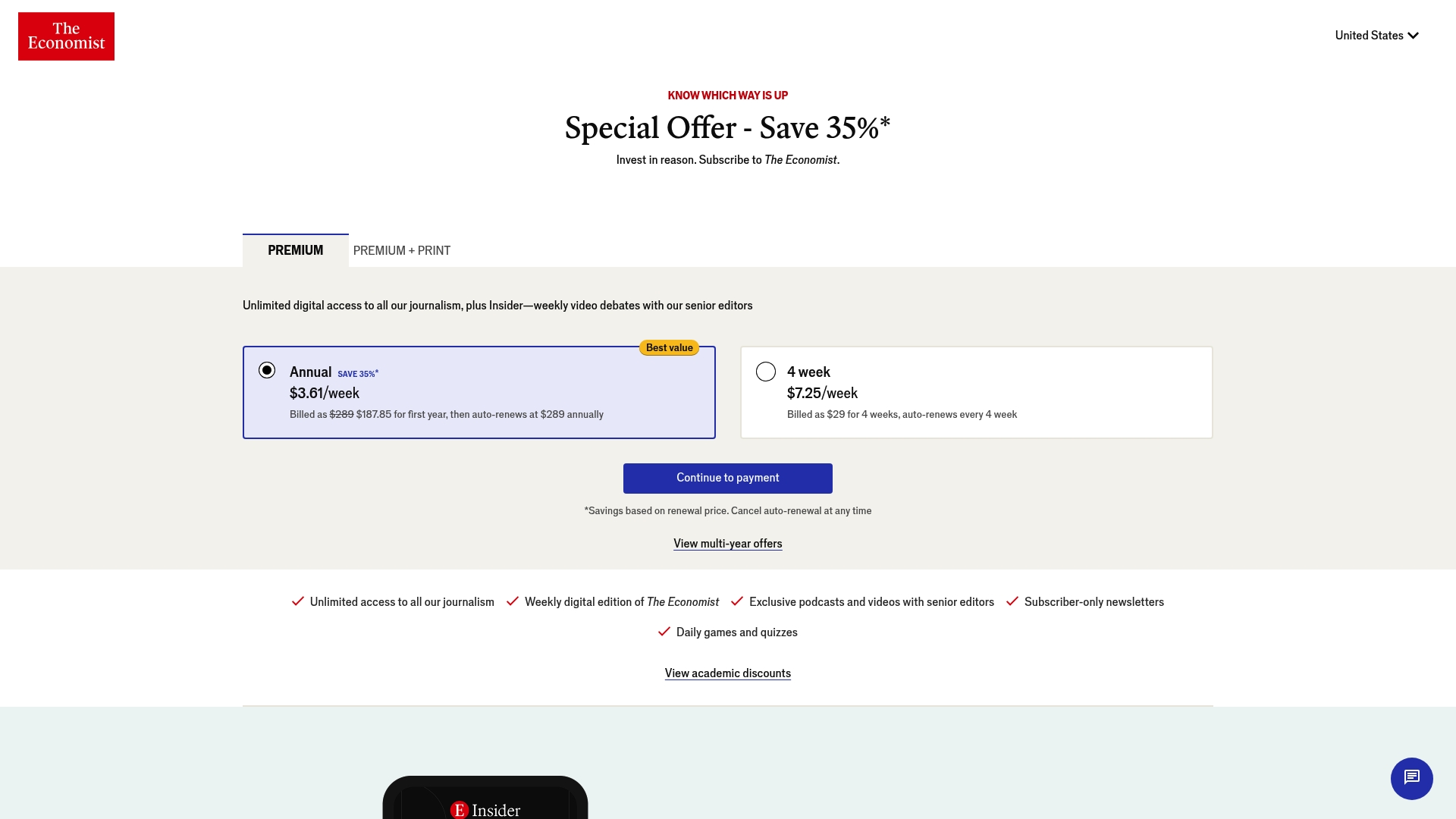 The Economist sponsor landing page advertised on Theories of Everything with Curt Jaimungal