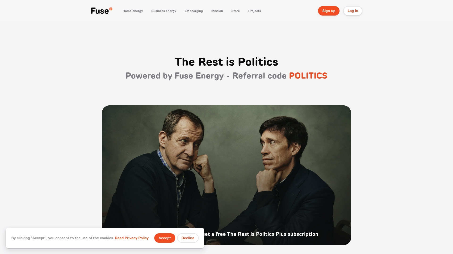 Fuse Energy sponsor landing page advertised on The Rest Is Politics