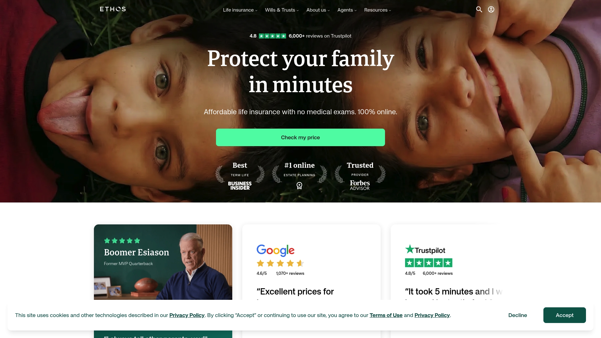 Ethos sponsor landing page advertised on Nightcap