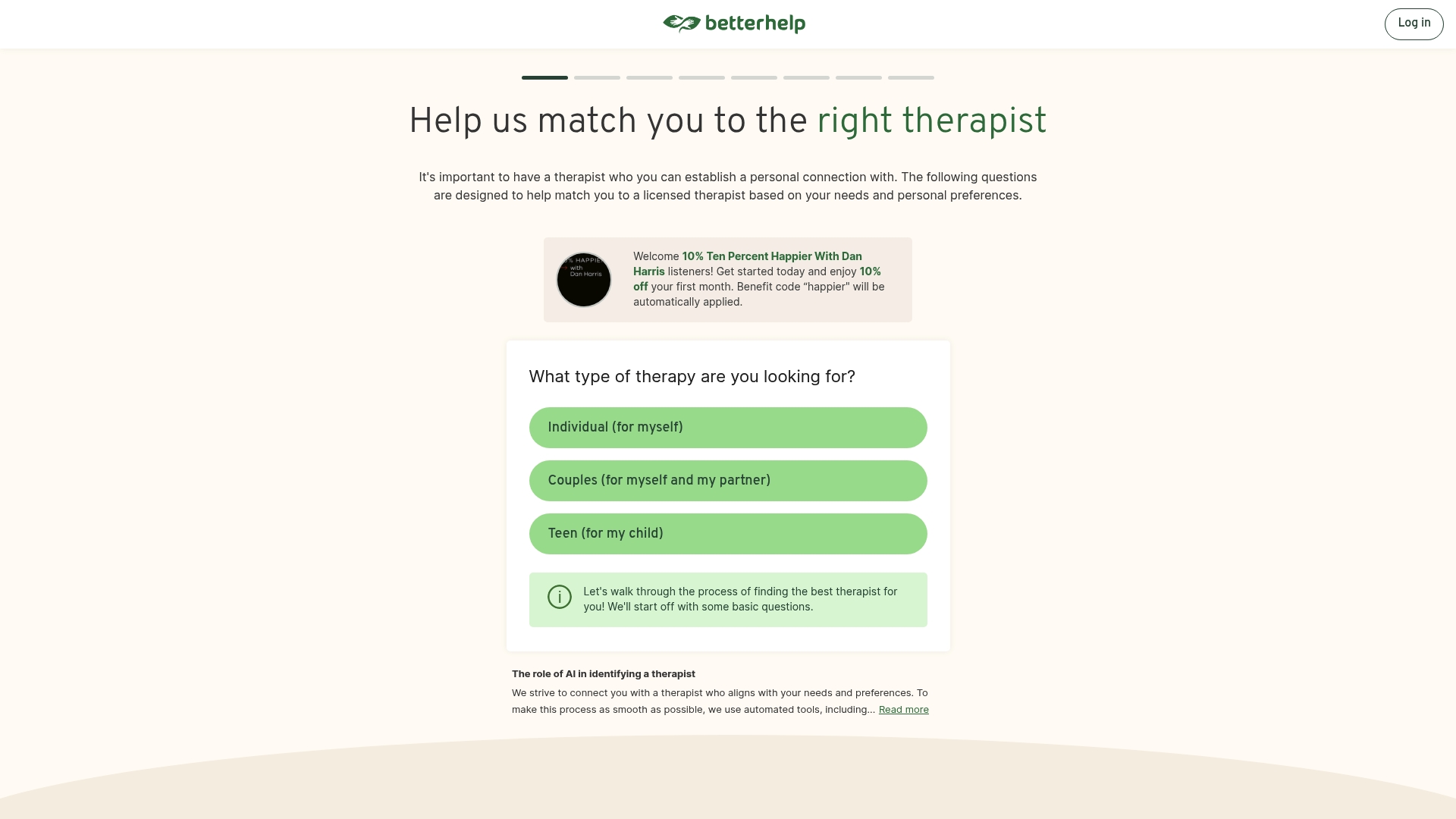 BetterHelp sponsor landing page advertised on Ten Percent Happier with Dan Harris