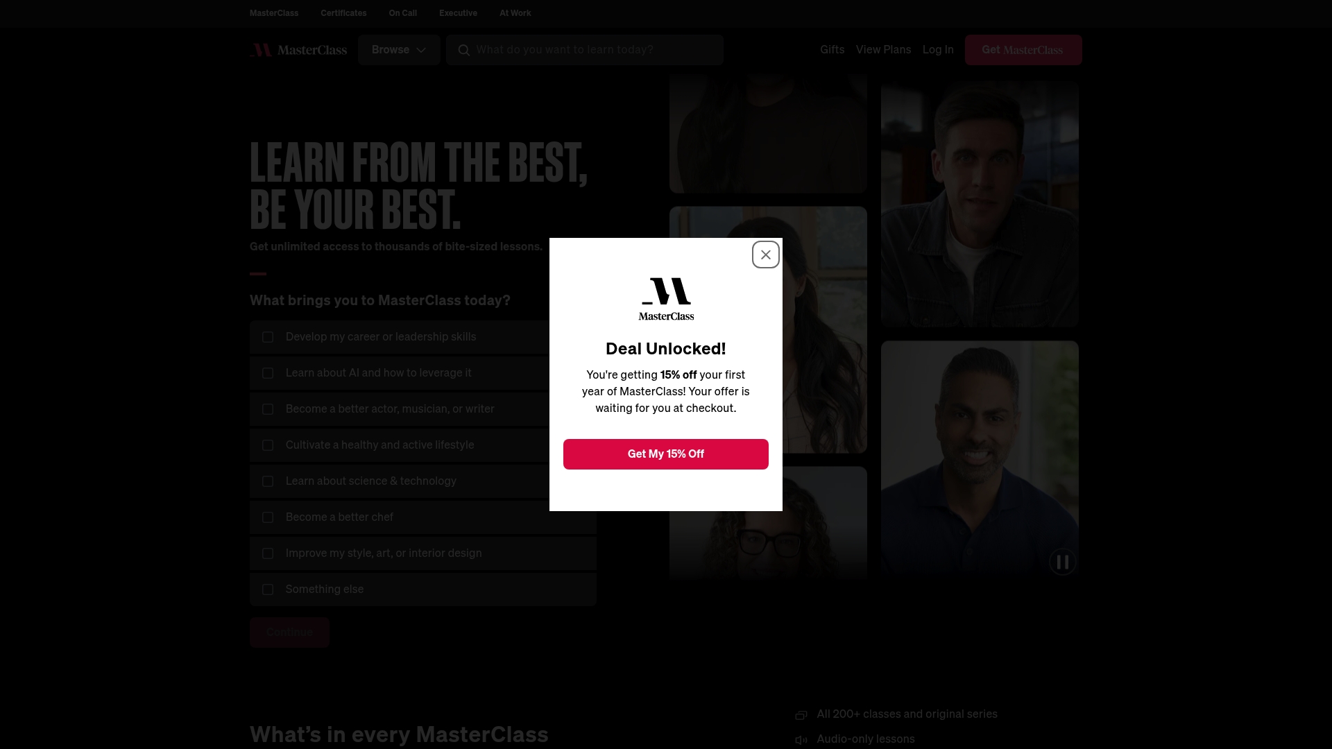 MasterClass sponsor landing page advertised on The Mindset Mentor