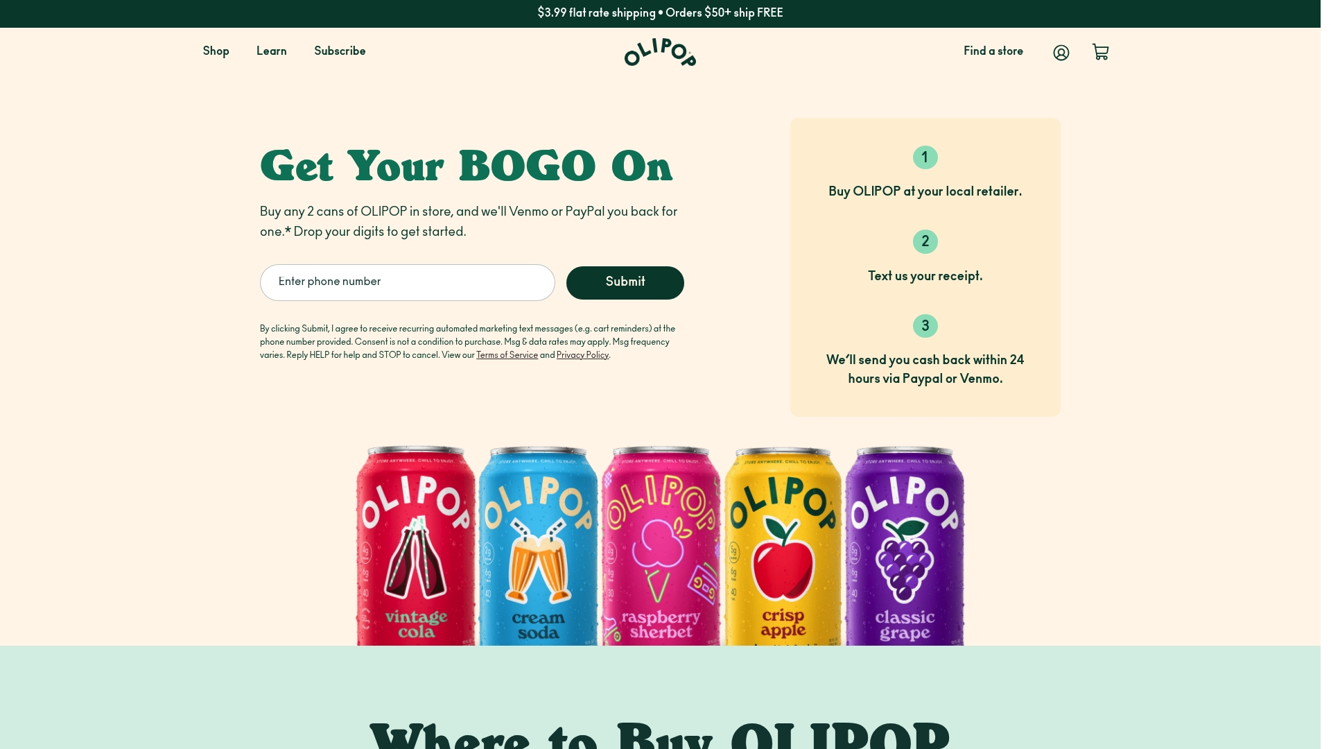 Olipop sponsor landing page advertised on The Basement Yard