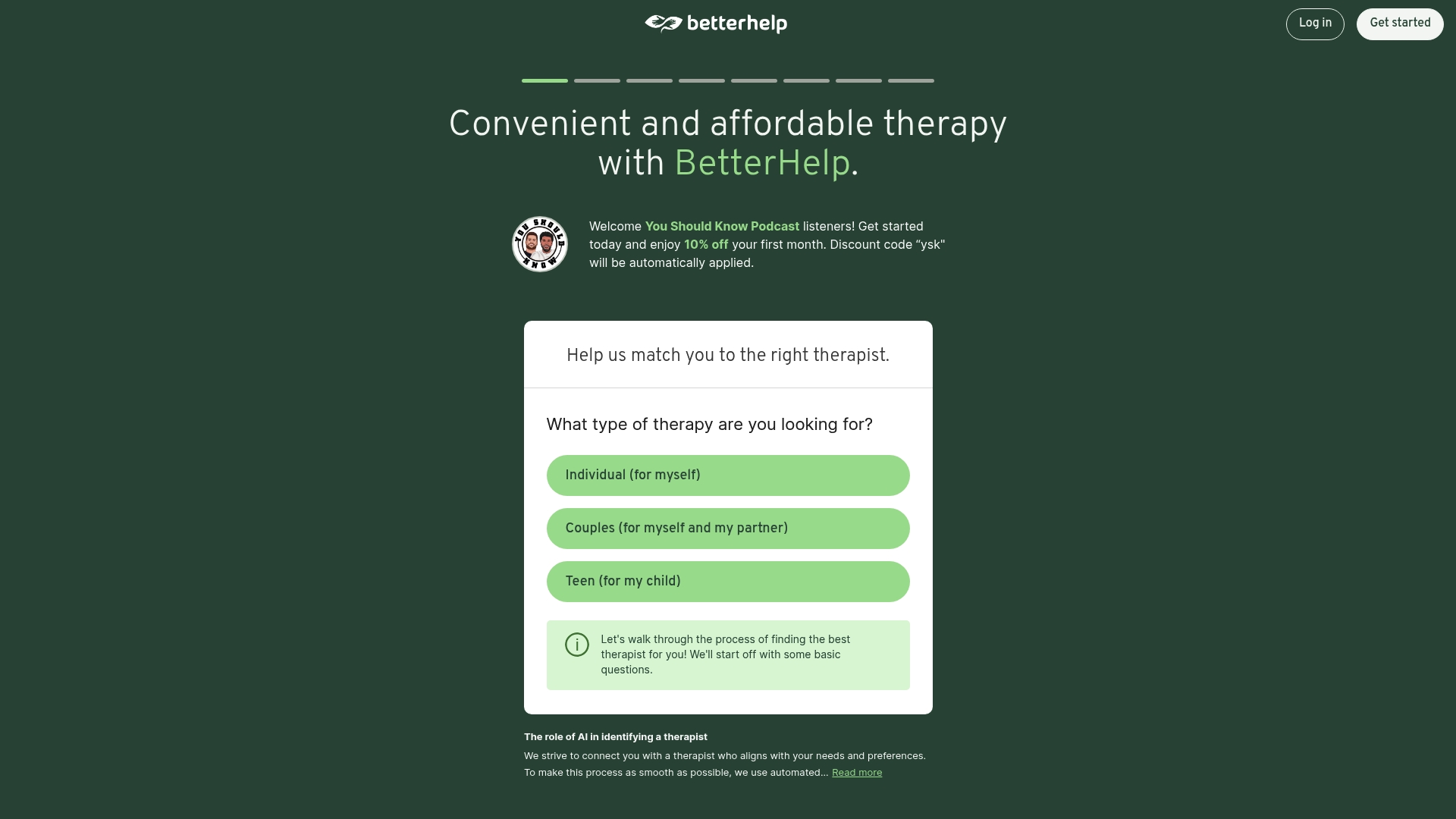 BetterHelp sponsor landing page advertised on You Should Know Podcast