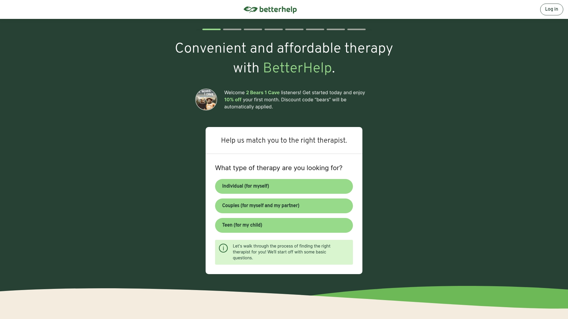 BetterHelp sponsor landing page advertised on 2 Bears, 1 Cave with Tom Segura & Bert Kreischer
