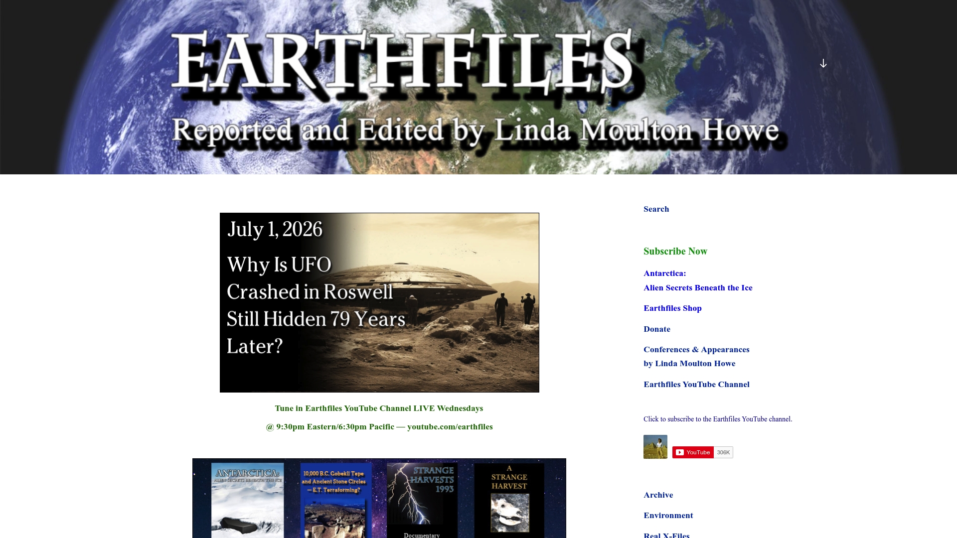 EarthFiles.com sponsor landing page advertised on Earthfiles Podcast with Linda Moulton Howe