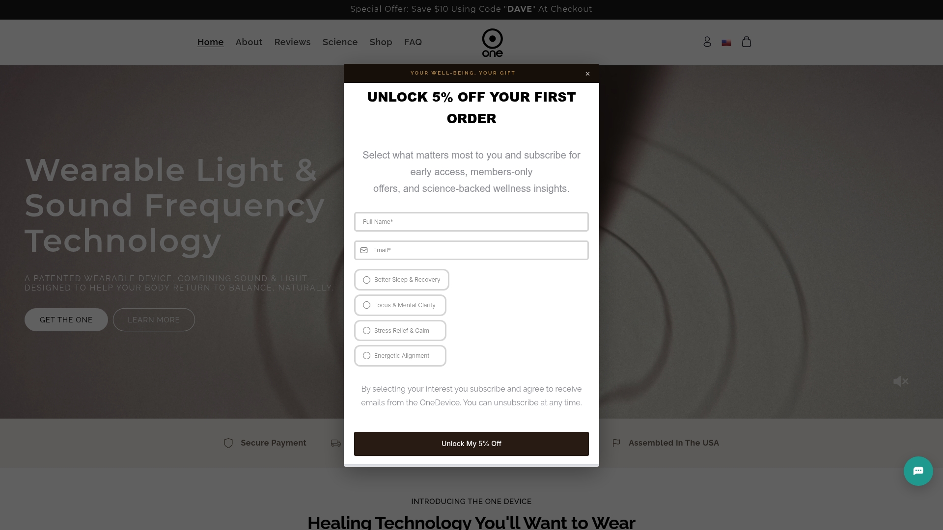 The One device sponsor landing page advertised on The Human Upgrade with Dave Asprey