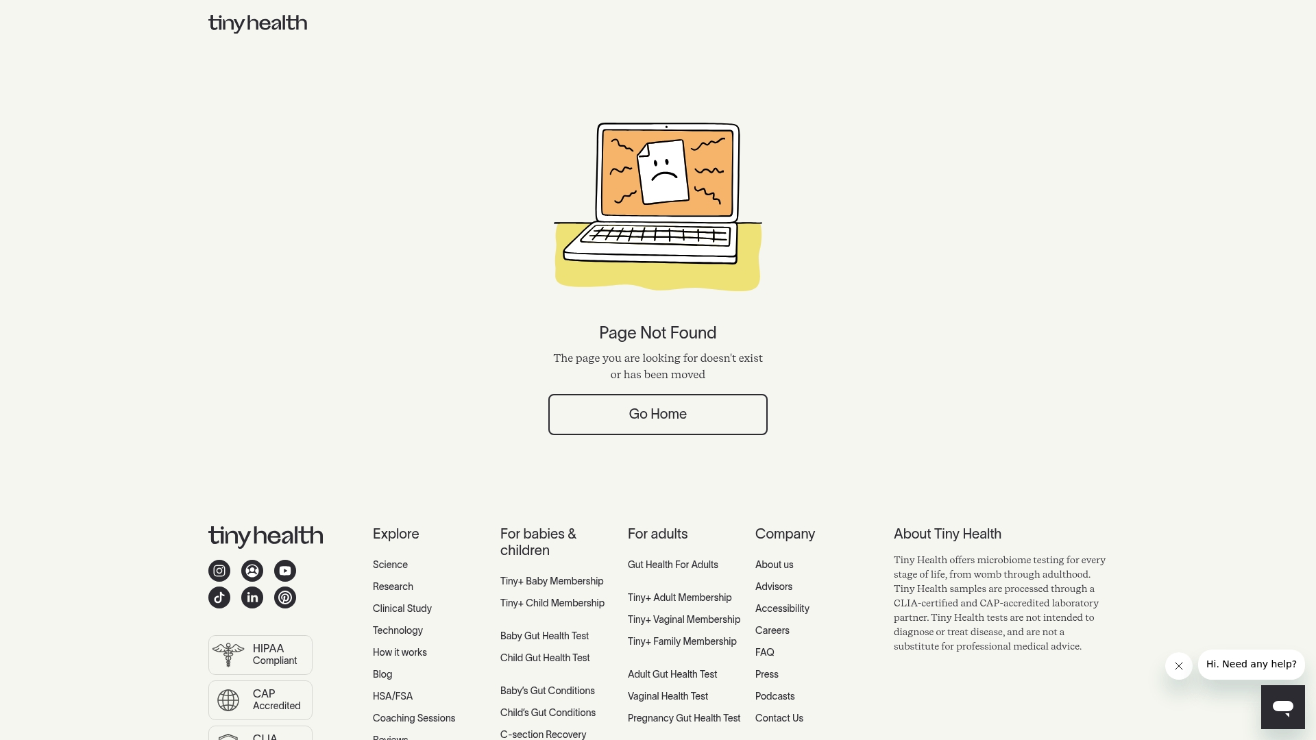 Tiny Health sponsor landing page advertised on We're Here to Help