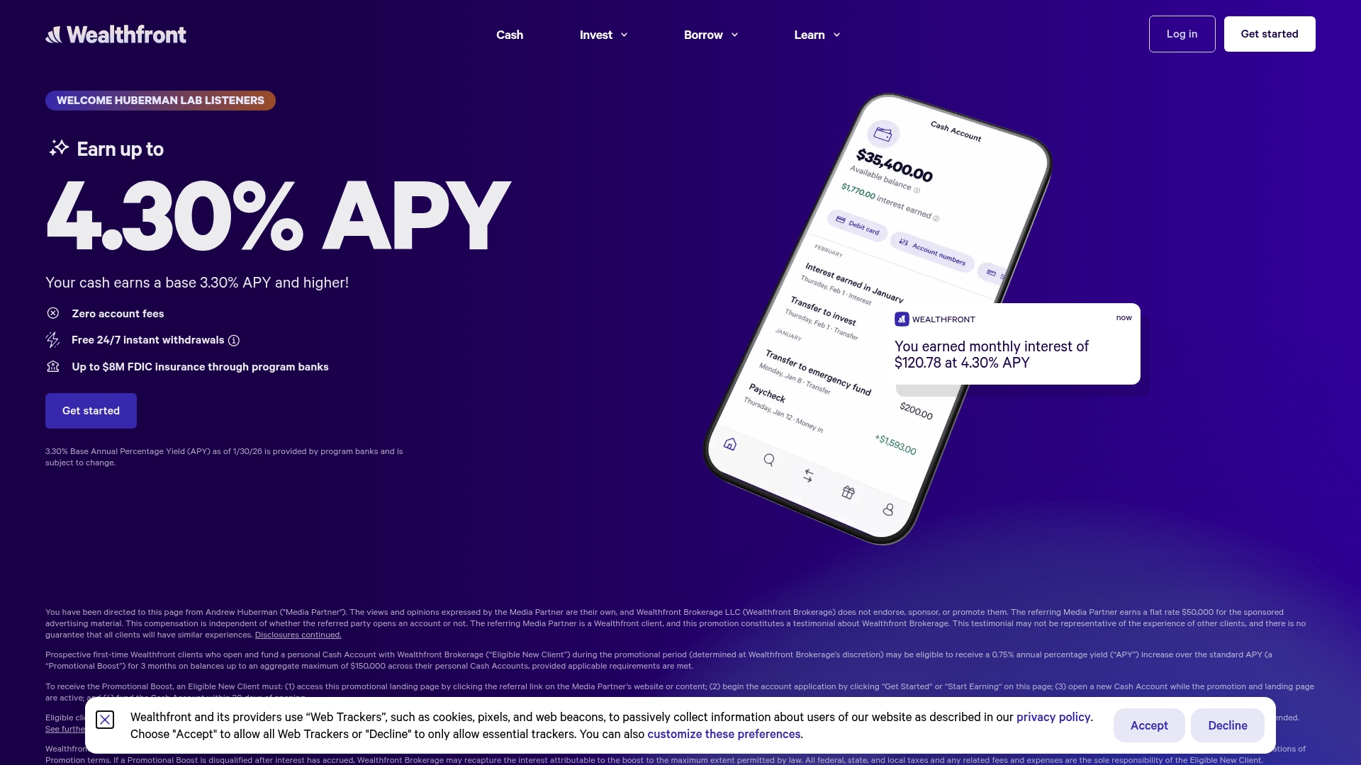 Wealthfront sponsor landing page advertised on Huberman Lab