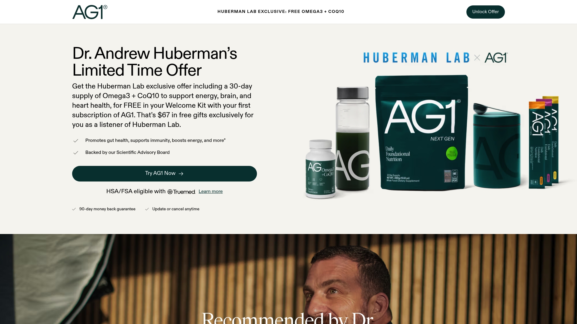 AG1 sponsor landing page advertised on Huberman Lab