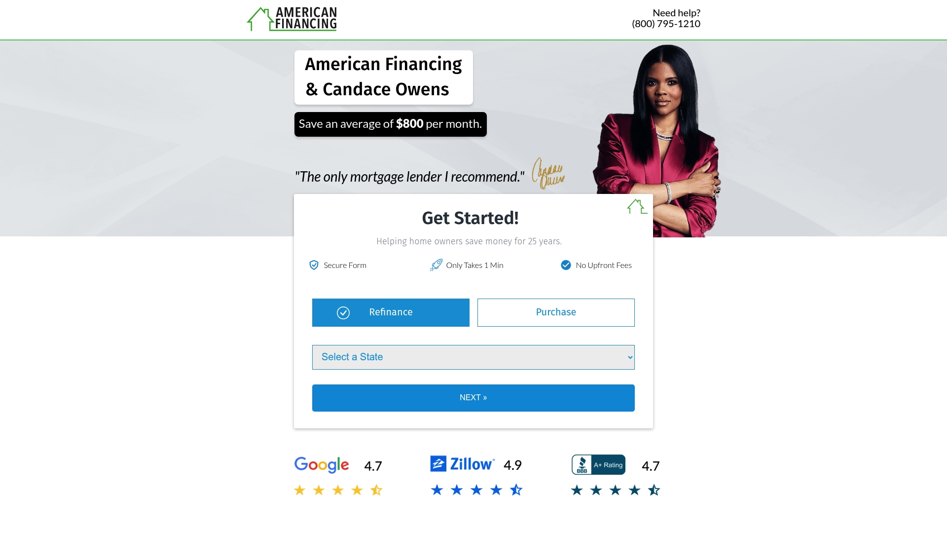 American Financing sponsor landing page advertised on Candace