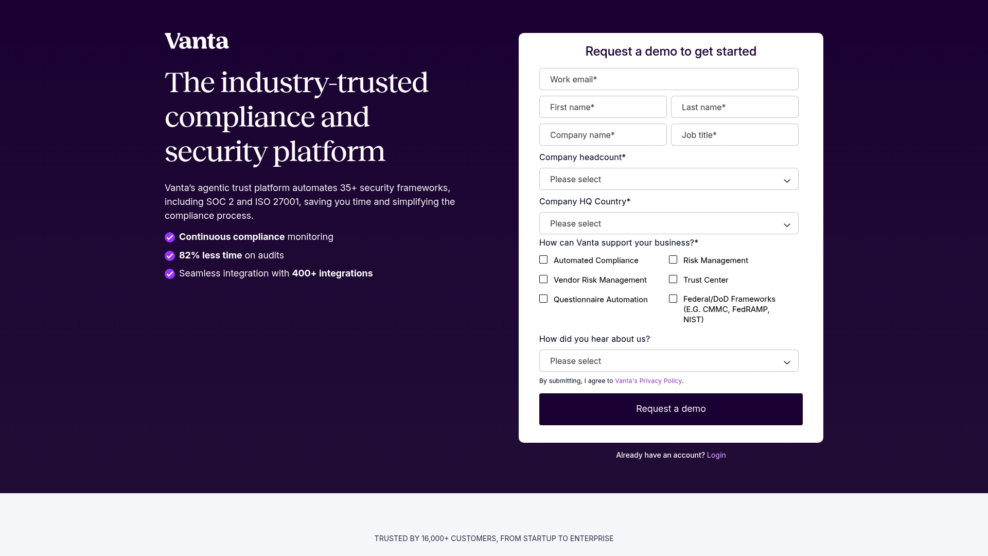 Vanta sponsor landing page advertised on Today, Explained