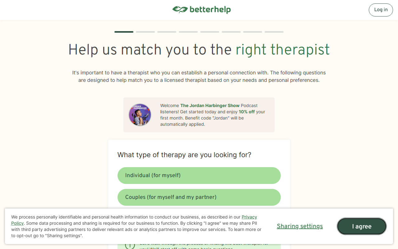 BetterHelp sponsor landing page advertised on The Jordan Harbinger Show