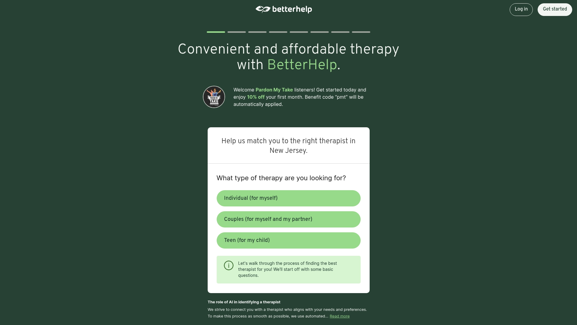 BetterHelp sponsor landing page advertised on Pardon My Take