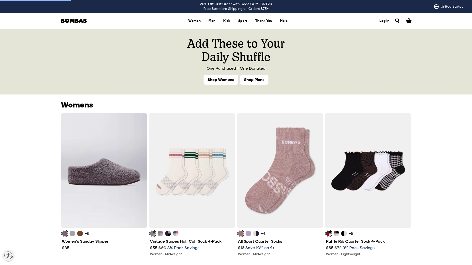 Bombas sponsor landing page advertised on Pod Save America