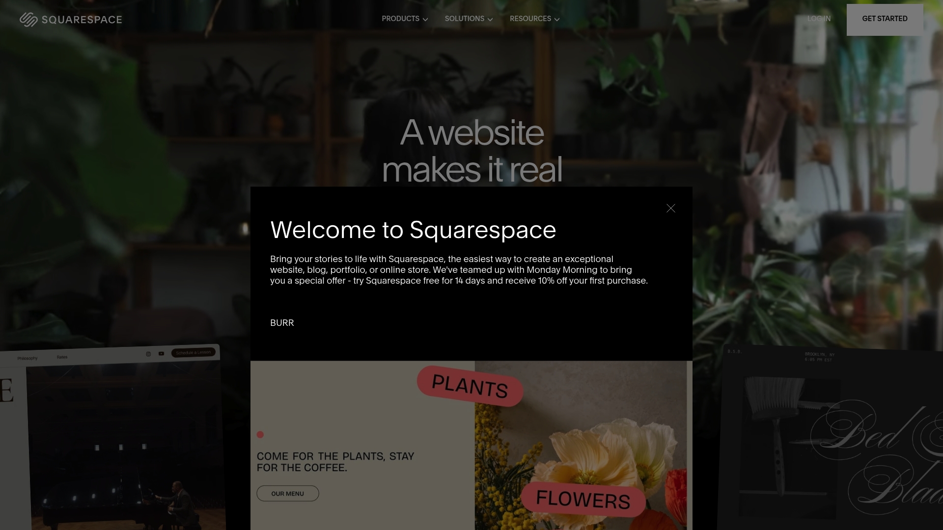 Squarespace sponsor landing page advertised on Monday Morning Podcast