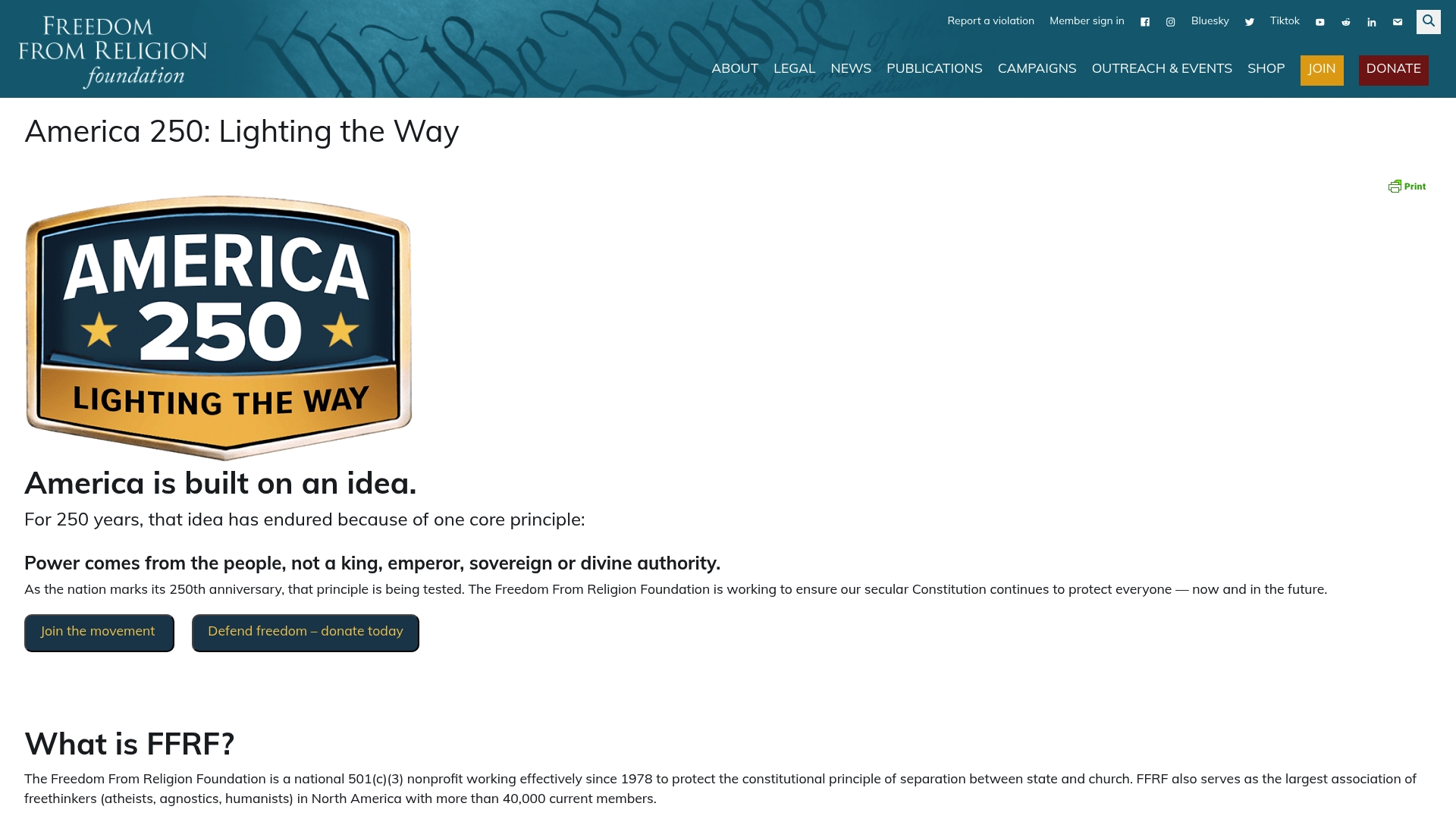 FFRF sponsor landing page advertised on Mayim Bialik's Breakdown