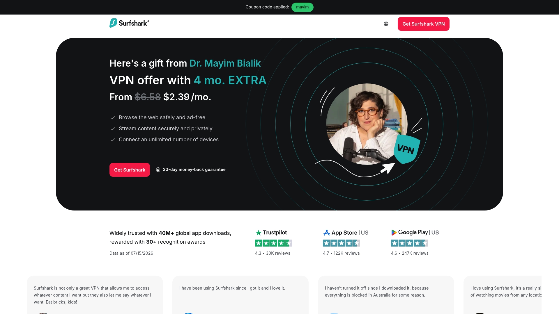 Surfshark sponsor landing page advertised on Mayim Bialik's Breakdown