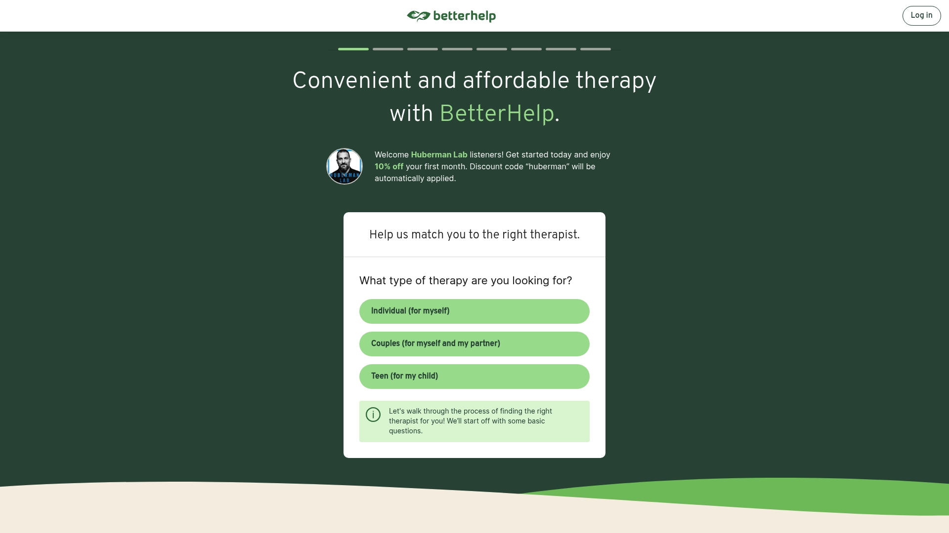 BetterHelp sponsor landing page advertised on Huberman Lab